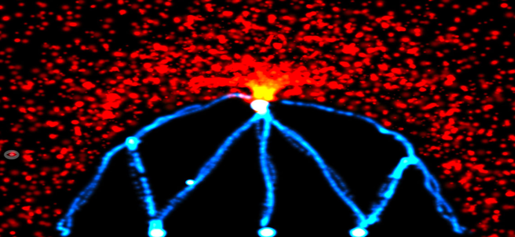 Magic Fingers: Amazing Paint! - Luminous blue geometric lines and red particle effects on a black background created in the Magic Fingers app