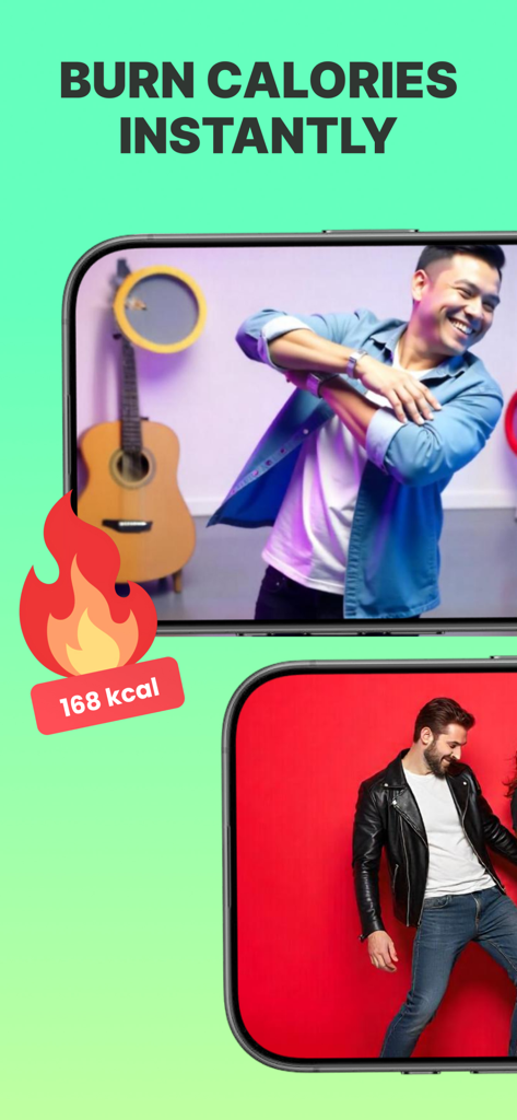 Dance Fitness - Weight Loss - Dance fitness app screenshot showing calorie burning workouts and a flame icon indicating calories burned