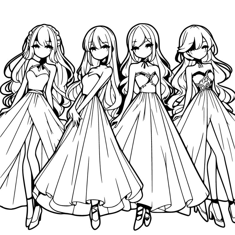 4 anime girls wearing long flowing dresses