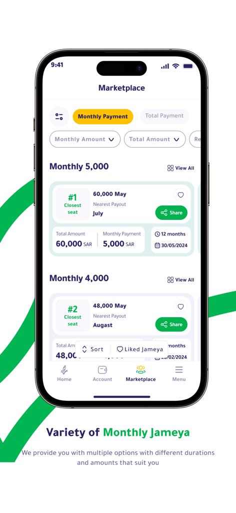 Hakbah app marketplace screen displaying various monthly social savings plans and Jameya options
