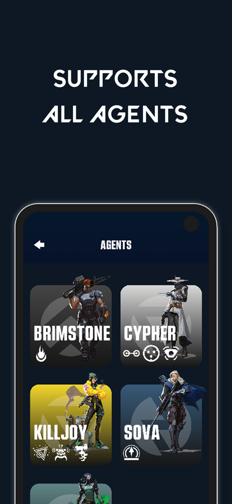 A mobile app screen titled Agents displaying a grid of characters including Brimstone Cypher Killjoy and Sova