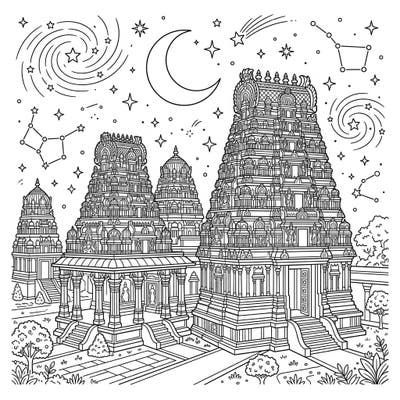 Immerse yourself in the spiritual grandeur of majestic Hindu Temples set against a captivating night sky. This intricate coloring page invites you to explore elaborate gopurams and celestial wonders with your creative touch.