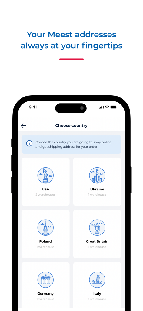 Meest Shopping app screen for selecting a shipping warehouse country including USA and Ukraine