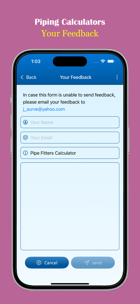 Piping Calculators - User feedback form in the Piping Calculators app with fields for name email and message