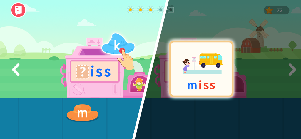 Interaktives Rechtschreibspiel für Kinder, das eine Lautaktivität für das Wort 'miss' mit einer Illustration eines Mädchens an einer Bushaltestelle zeigt.