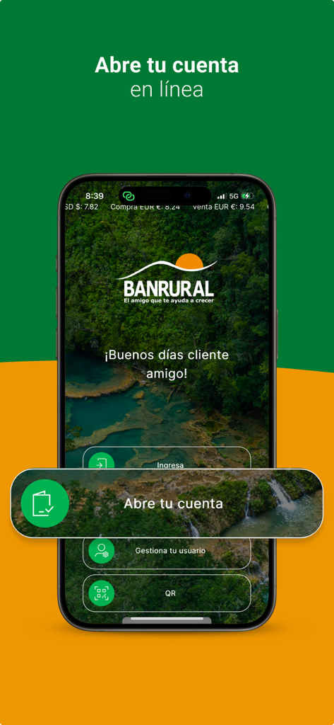 BANRURAL - Pantalla de la app móvil de BANRURAL que muestra la opción para abrir una cuenta bancaria en línea.