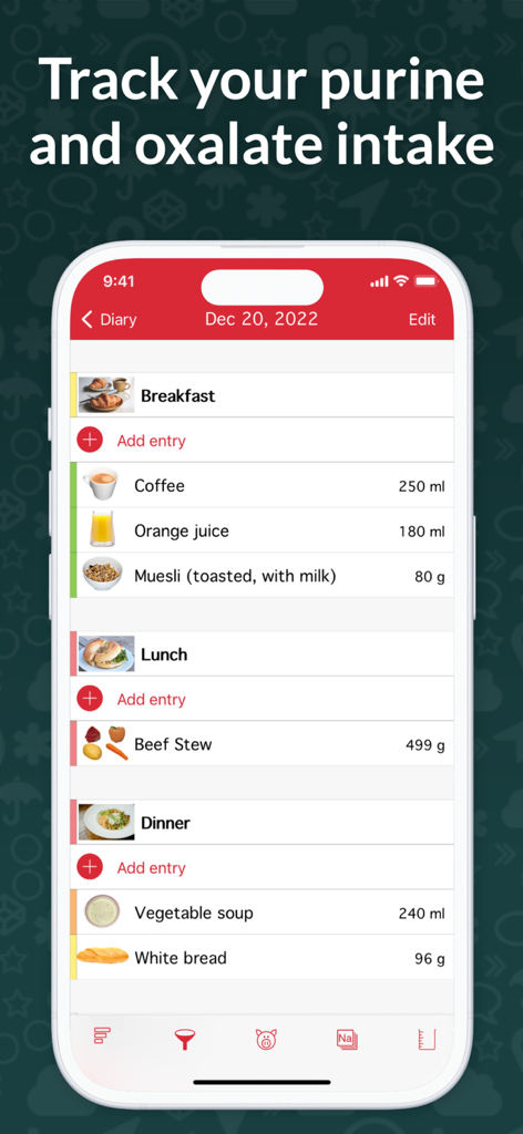 OxiPur – Gout & Kidney Stones - OxiPur app interface displaying a food diary screen for tracking daily meal intake including purines and oxalates