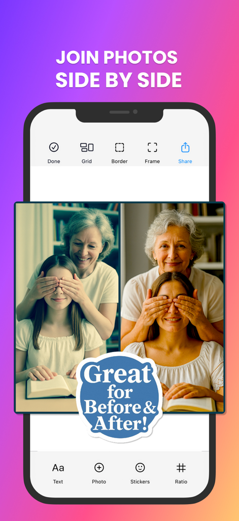 Mobile app interface showing side by side photos for before and after collage creation
