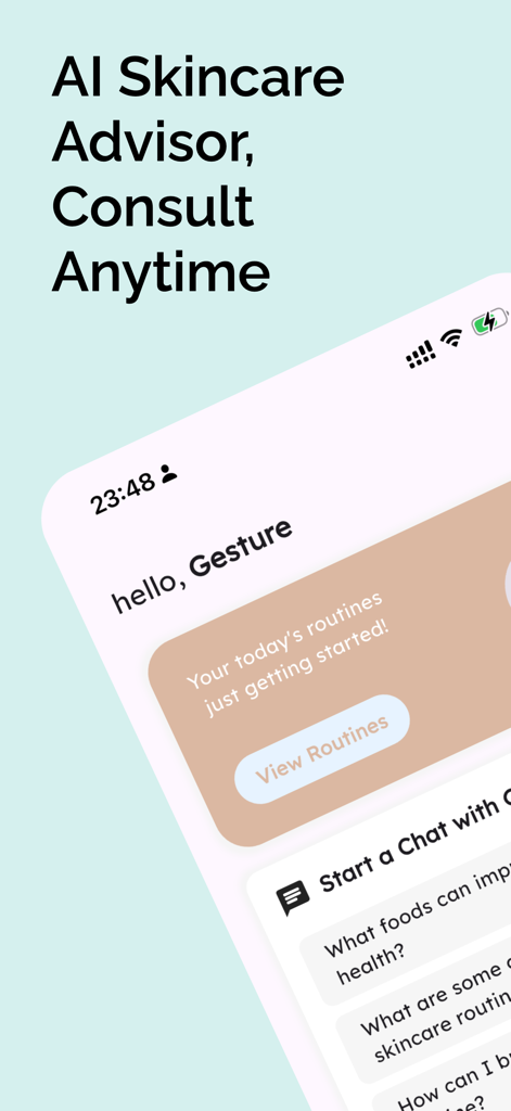 Glow AI:Face Care Routine - Pantalla de la aplicación Glow AI que muestra sugerencias de chat del asesor de cuidado de la piel con IA y chatbot