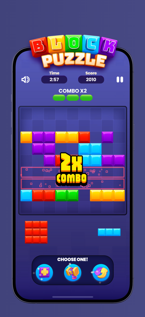 Gameplay screenshot of Spark Win Cash showing the Block Puzzle mode with a combo bonus