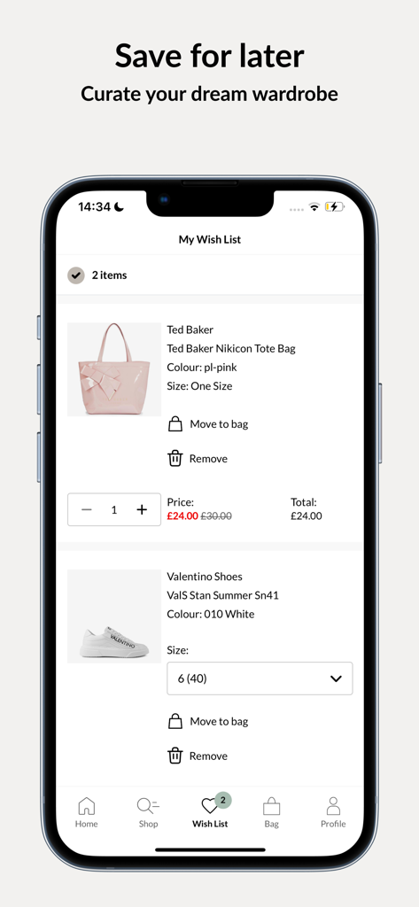 A mobile app interface of the FRASERS.com wishlist featuring a Ted Baker pink tote bag and white Valentino shoes.