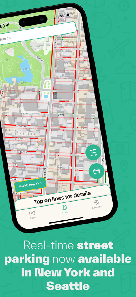 ParkUsher mobile app displaying a real-time street parking map of New York City with green and red lines indicating parking status.