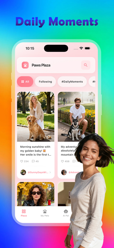 Leno：share happy life - Interfaz de la aplicación Leno que muestra el feed social Paws Plaza donde los dueños de mascotas comparten momentos diarios.