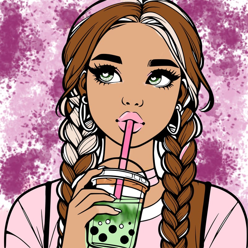 realistic girl with braided hair drinking boba