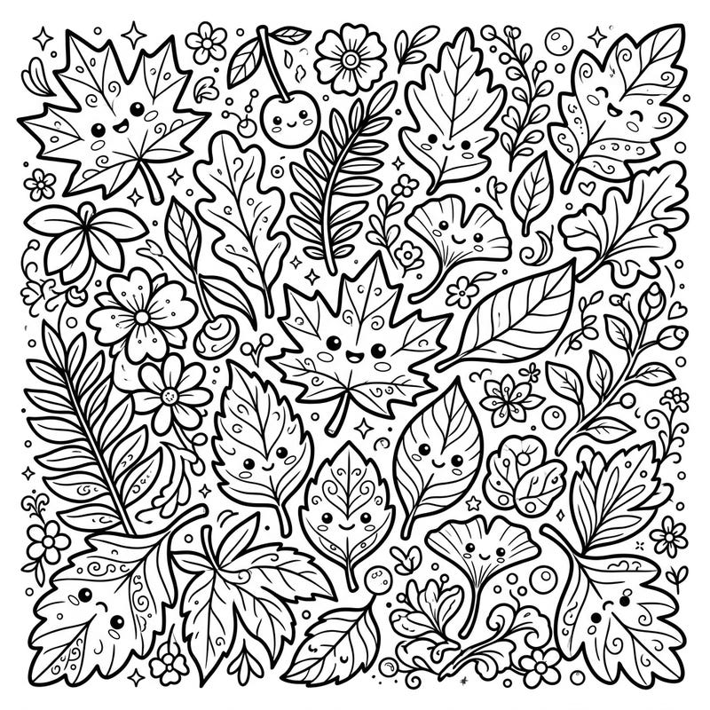 Embrace the charm of nature with our delightful Kawaii Leaf Patterns coloring page. This design features an enchanting collection of leaves, each brought to life with irresistible cuteness and bold, clear lines.