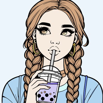realistic girl with braided hair drinking boba