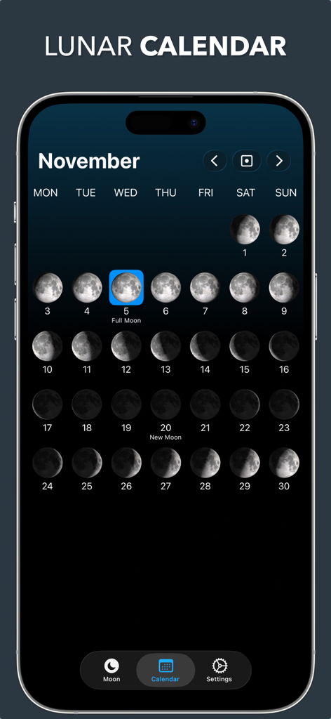 Lunar - Moon Phase & Widget - 満月が強調された11月の月相を表示する月間カレンダービュー