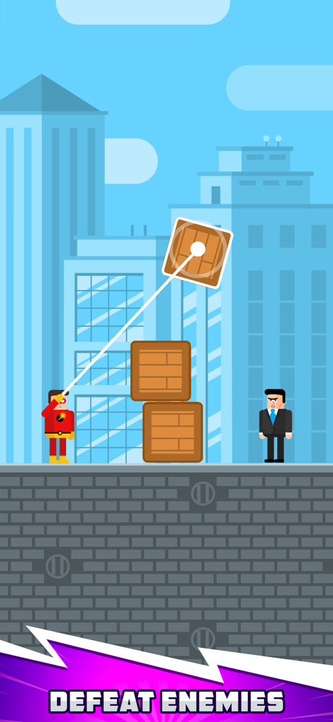 The Superhero League - Ein Superheldencharakter nutzt telekinetische Kräfte, um eine Holzkiste über einem Feind in einer Stadtkulisse zu heben.