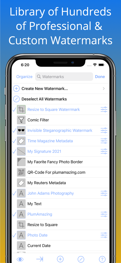 i Watermark + Lite Photo&Video - Eine Bibliotheksliste, die verschiedene professionelle und benutzerdefinierte Wasserzeichenoptionen in der iWatermark plus Lite App-Oberfläche anzeigt