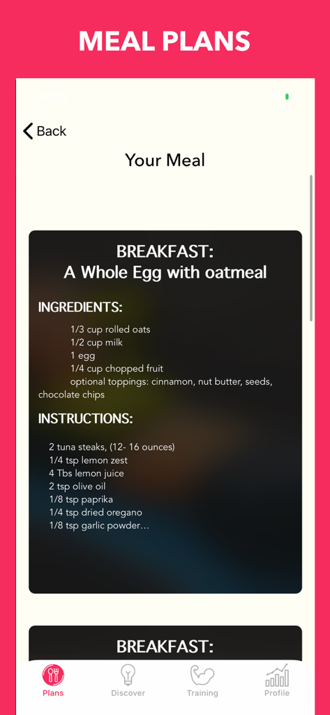 Easy Home Workout Women NO GYM - Meal plan screen for a healthy breakfast featuring oatmeal and egg in the Easy Home Workout Women app.