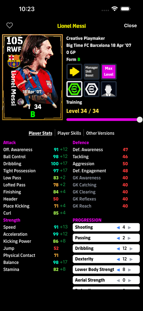 eFootball DB - Detailed player profile for Lionel Messi in the eFootball DB app showing individual stats and progression point allocation.