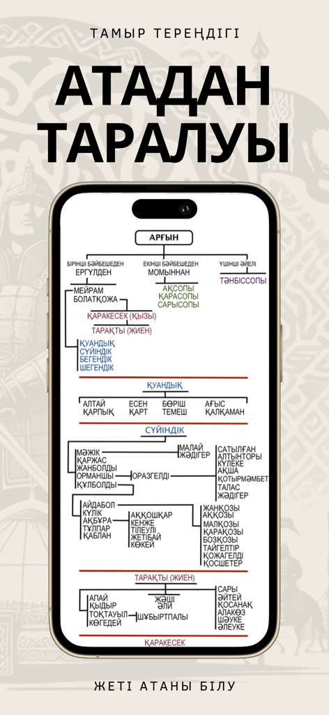 A genealogical family tree showing clan descent in the Kazakh Shezhire mobile application