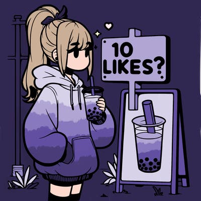 girl with oversized hoodie drinking boba and she has a high ponytail with a sign that says 10likes?