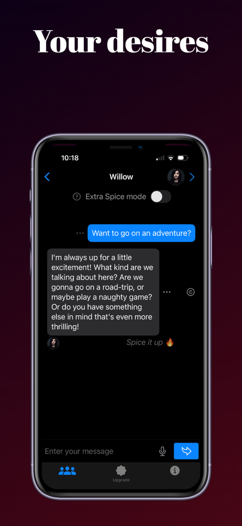 Un écran de téléphone portable montrant une conversation de jeu de rôle avec un personnage IA nommé Willow dans l'application Spicy Chat AI.
