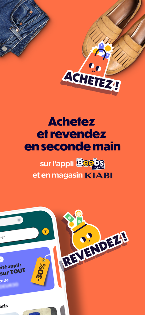 Beebs by Kiabi app promotional screen for buying and selling second hand items