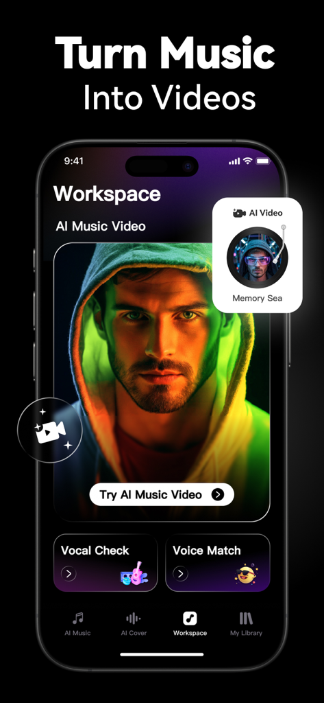 SingUp Music app workspace screen for turning music into AI videos.