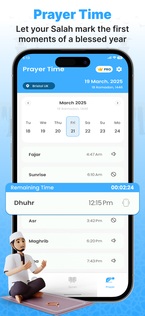 Qibla Finder & Namaz - A mobile app screenshot showing daily Islamic prayer times and a Ramadan calendar schedule