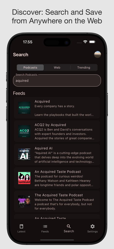 Interface de pesquisa no aplicativo Haps mostrando uma lista de resultados de podcasts para Acquired.