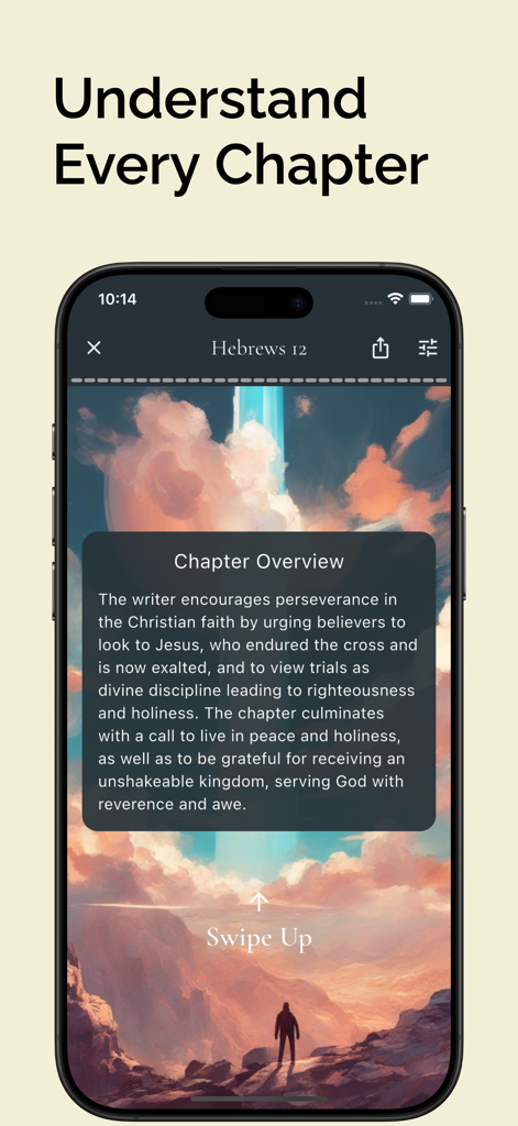 Brilliant Bible - Brilliant Bible app displaying a chapter overview of Hebrews 12 with an illustrated background