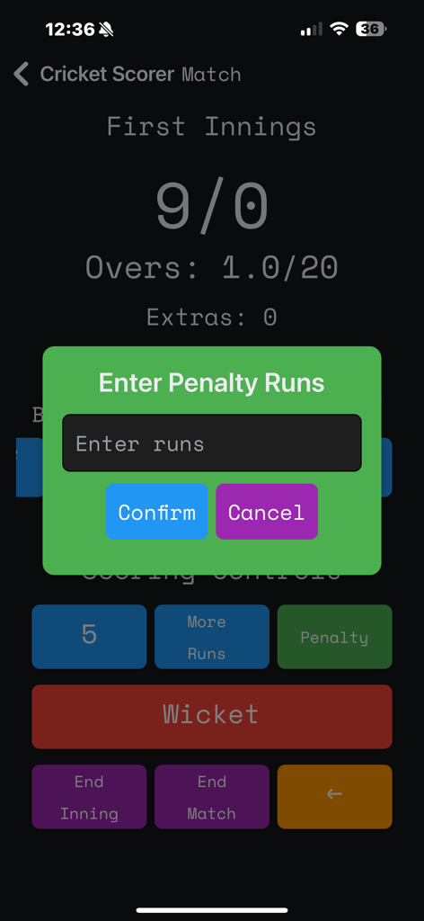 Gully Cricket Scorer - Screenshot der Gully Cricket Scorer App, der ein Popup zum Eingeben von Straf-Runs während eines Cricket-Spiels anzeigt