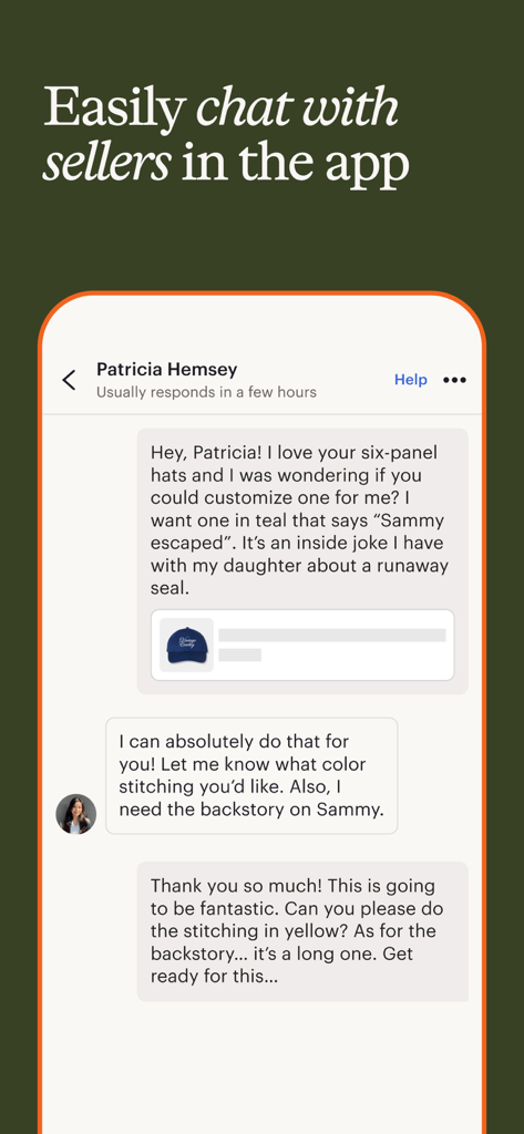 Un utilisateur discutant avec un vendeur sur l'application Etsy pour personnaliser un chapeau fait main