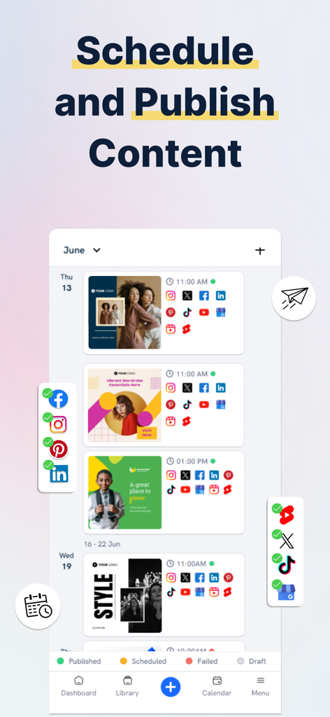 Predis AI app interface showing a social media content calendar and scheduling tools for multiple platforms