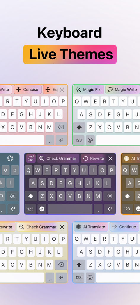 Une vitrine de thèmes dynamiques colorés pour le clavier IA AnyWrite, y compris des conceptions rose, verte et bleue avec des outils d'écriture intégrés.
