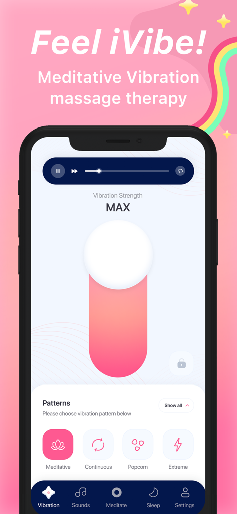 iVibrate - Vibrator Phone Spa - iVibrate app screen showing vibration strength at max and meditative patterns