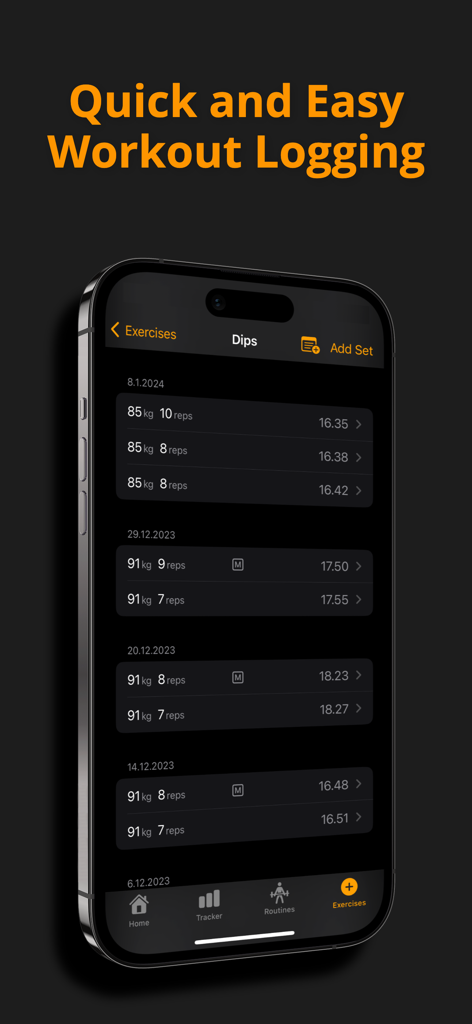 Gym Tracker Pro - Workout Log - A smartphone screen displaying the exercise logging history for dips in the Gym Tracker Pro app.