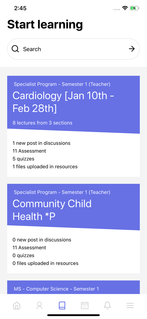 Classe365 mobile app dashboard showing course cards for cardiology and community child health programs.