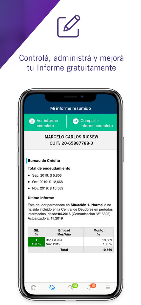 Smartphone screen displaying a summarized credit report with debt history in the Mi Nosis app