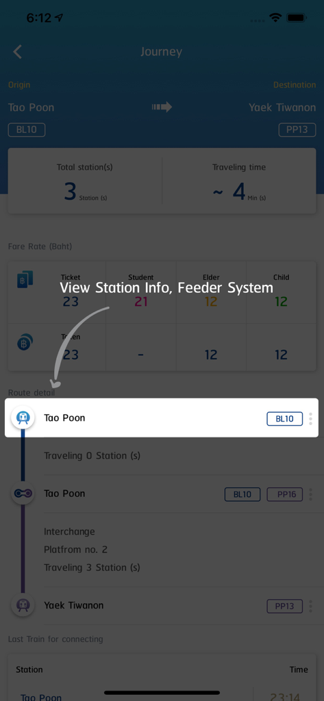 Bangkok MRT. - Bangkok MRT app journey planner displaying travel time and fare rates