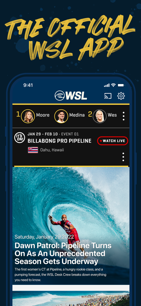 World Surf League app showing live event coverage of Billabong Pro Pipeline and surfing news