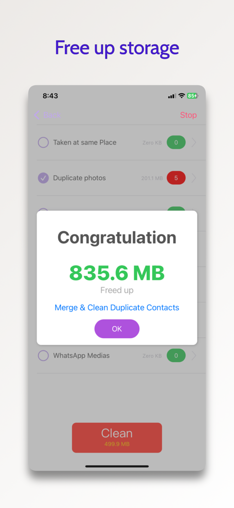 duplicate photos fixer - clean - 모바일 앱 화면에 중복 제거를 통해 800MB 이상의 저장 공간을 확보했다는 성공 메시지가 표시됩니다.