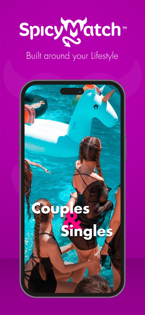 SpicyMatch - Interfaccia dell'app SpicyMatch che mostra una scena di festa in piscina per coppie e single.