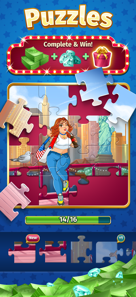 Bingo Bling™  Win Real Cash - Una pantalla de juego de rompecabezas en Bingo Bling que muestra a una mujer en la ciudad de Nueva York con recompensas en efectivo y diamantes
