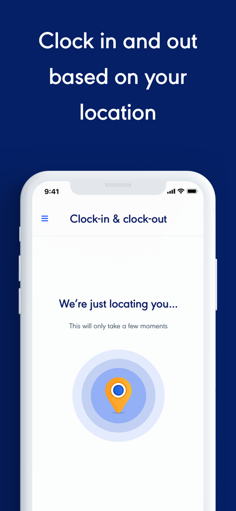 Rotaready - Rotaready app screen showing the location based clock in and out feature with a map pin icon