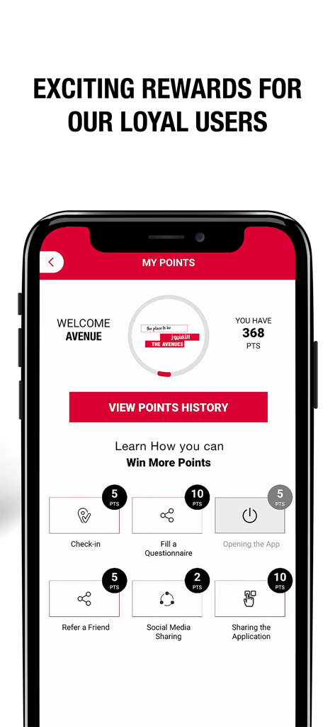 The Avenues - The Avenues mobile app rewards screen displaying user loyalty points and earning opportunities