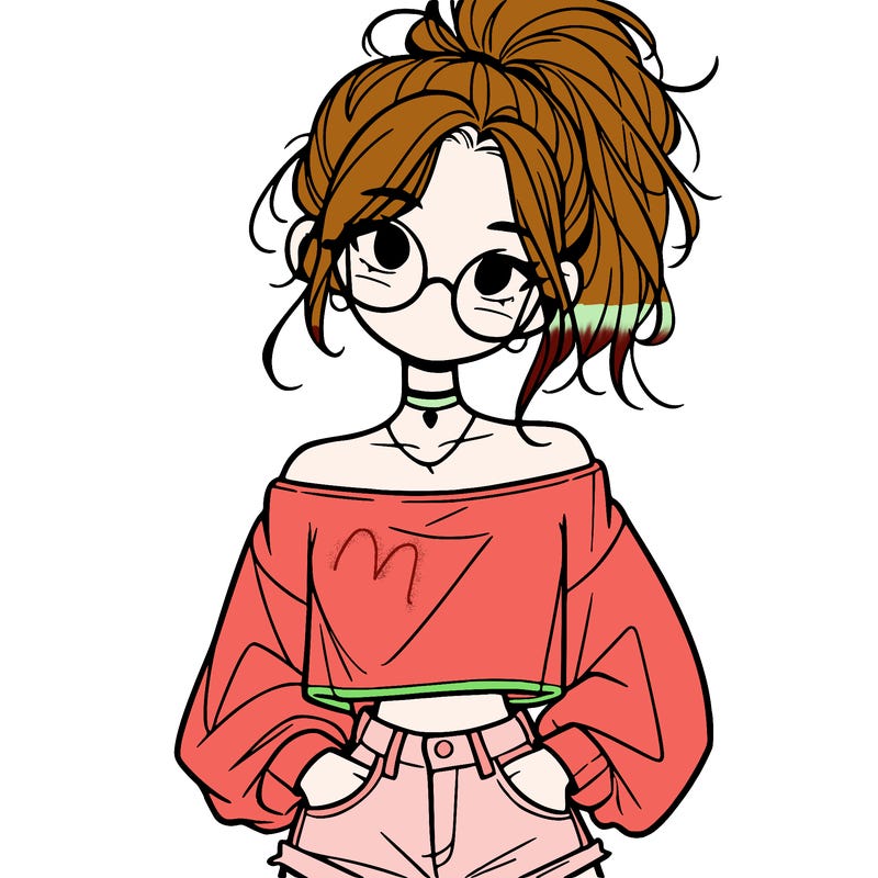 girl with a messy ponytail glasses a baggy crop top and jean shorts