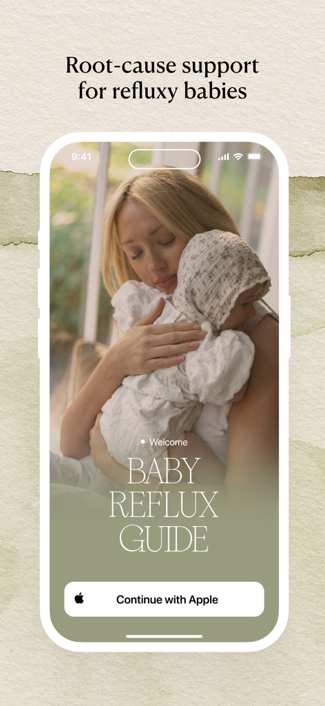 Baby Reflux Guide - The welcome screen of the Baby Reflux Guide app featuring a mother holding her baby with a button to continue with Apple.